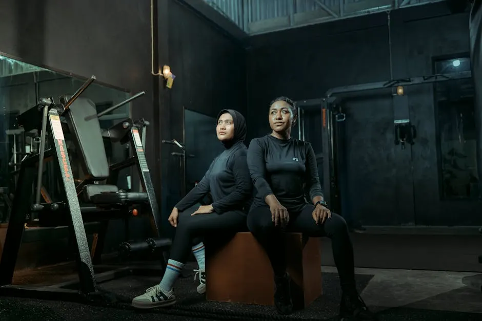 Two female Forge members between sets in the strength area