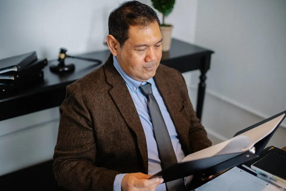 Attorney reviewing a report folder — quarterly review imagery