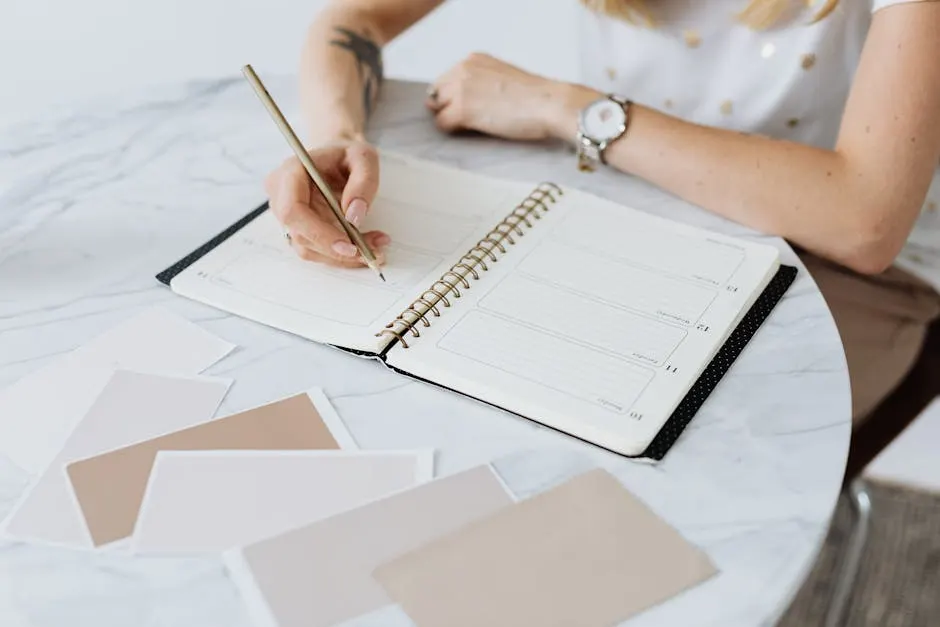 A writer at a marble table with planner, swatches, and a notebook