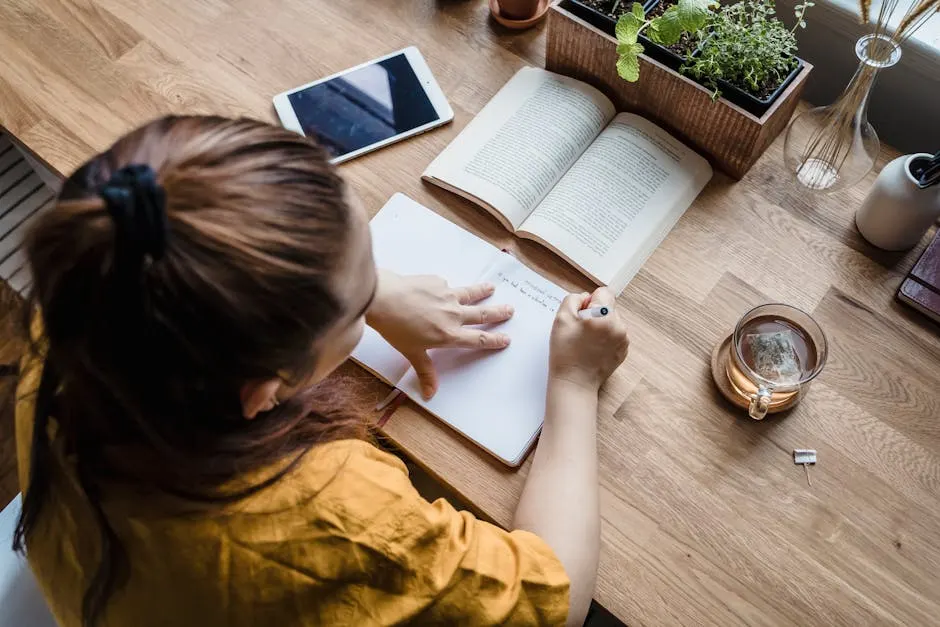 A reader at a wooden desk with a notebook, tea, and an open book
