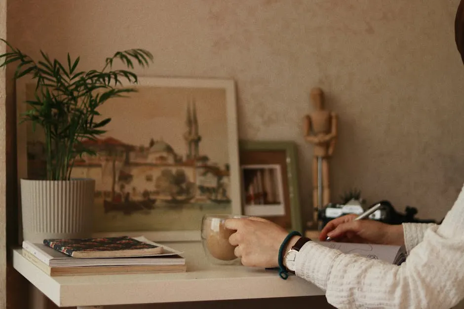 Writer in conversation, soft natural light, at a kitchen table