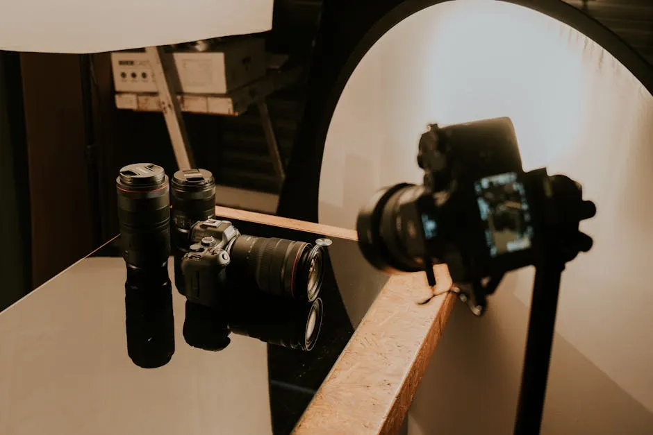 Professional camera setup with lenses and studio lighting
